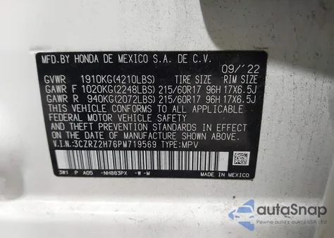 2023 Honda Hr-V Awd Ex-L z USA, uszkodzony, nr VIN 3CZRZ2H76PM719569